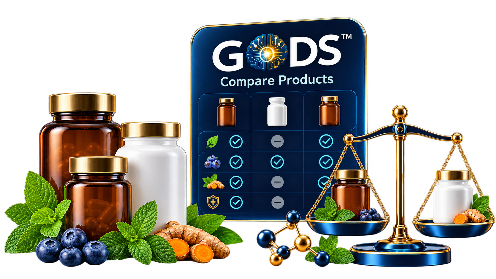 GODS product-comparison graphic with supplement bottles, ingredient comparisons and a balance scale