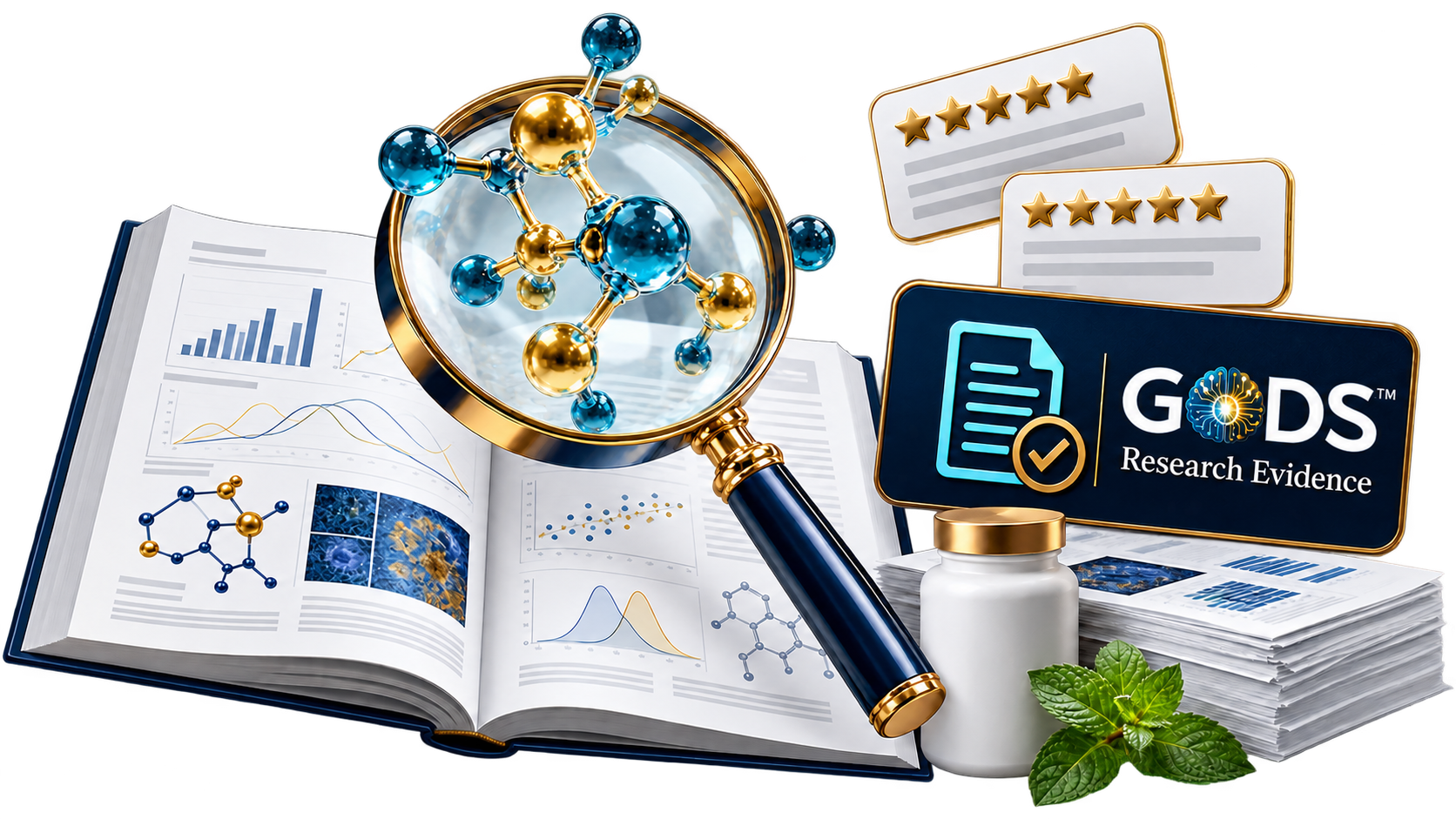Research journal and scientific papers with a molecular magnifying glass and evidence graphics