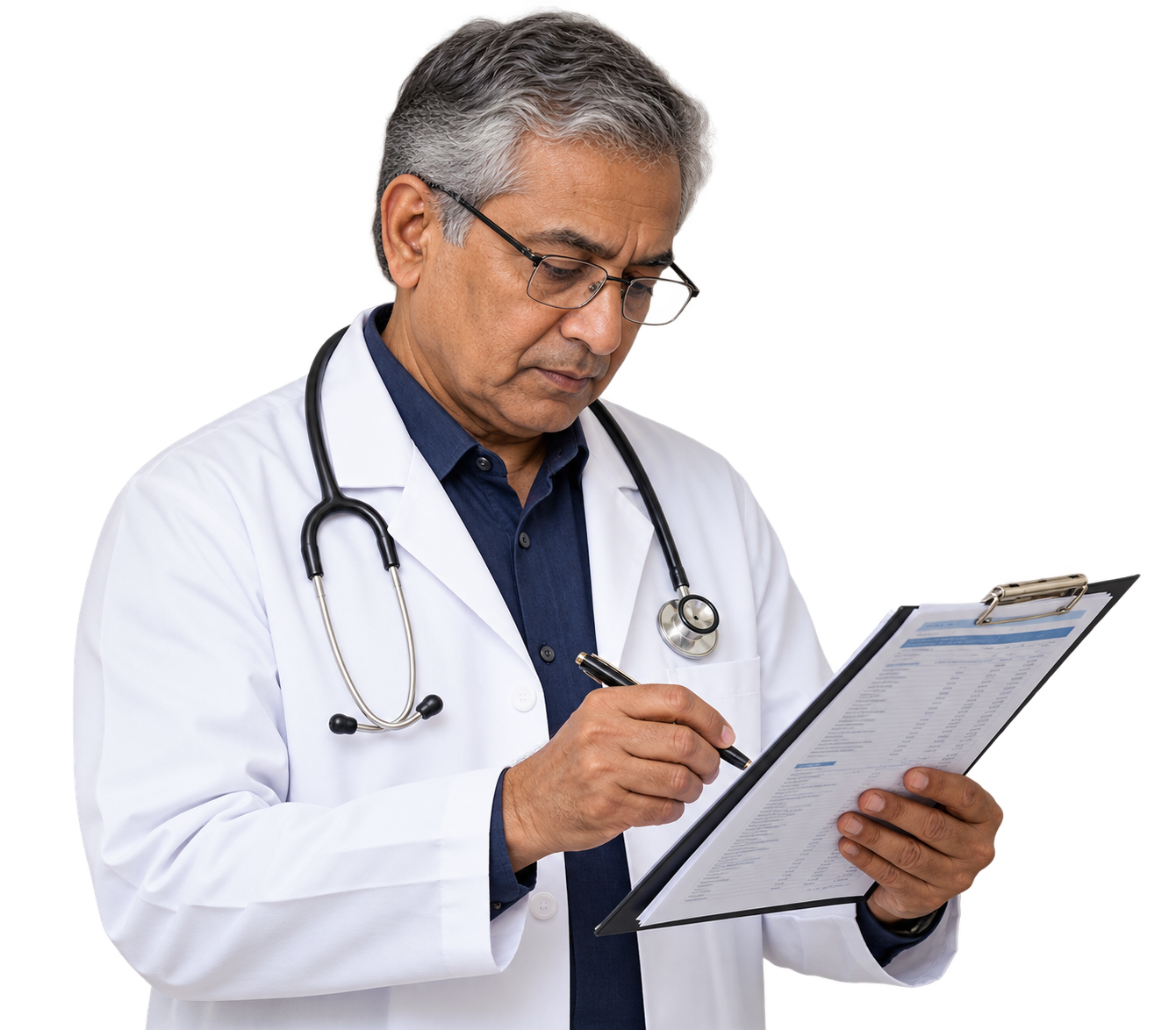 Older male physician reviewing laboratory results and writing on a clipboard