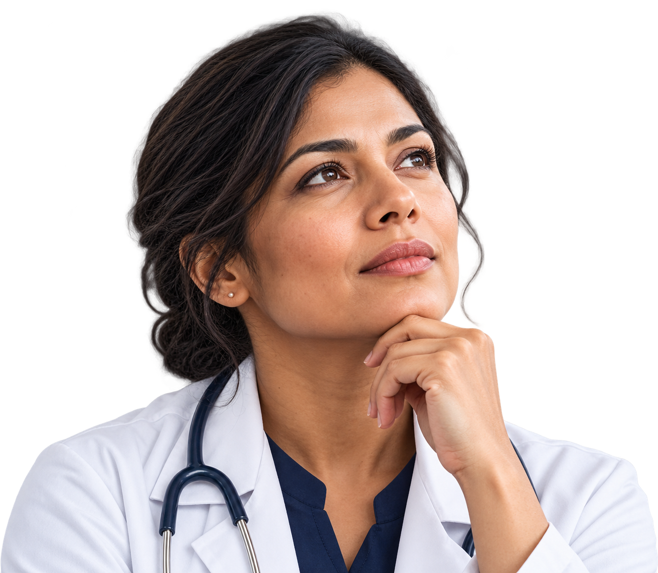 Thoughtful female doctor considering scientific health evidence