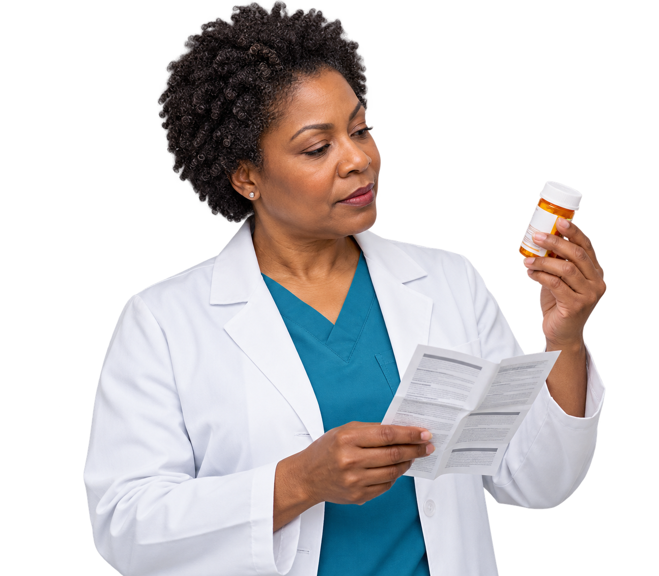 Middle-aged female pharmacist checking a medicine bottle against a medication leaflet