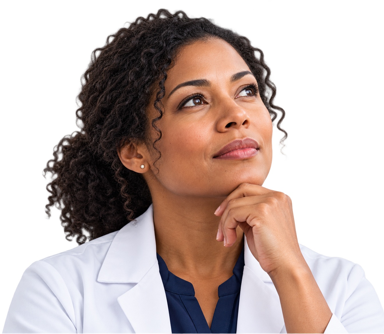 Thoughtful female pharmacist considering scientific health evidence